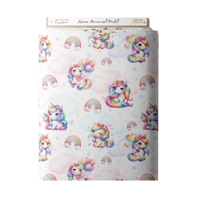 Tissu coton imprimé pour enfants Licorne Arc-en-ciel Pastel- Certifié Oeko-Tex® Mercerie des Princesses