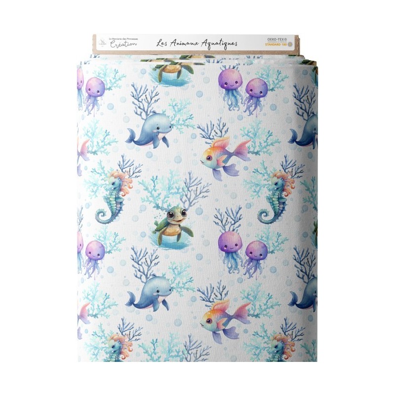 Tissu coton imprimé pour enfants Les Animaux Aquatiques- Certifié Oeko-Tex® Mercerie des Princesses