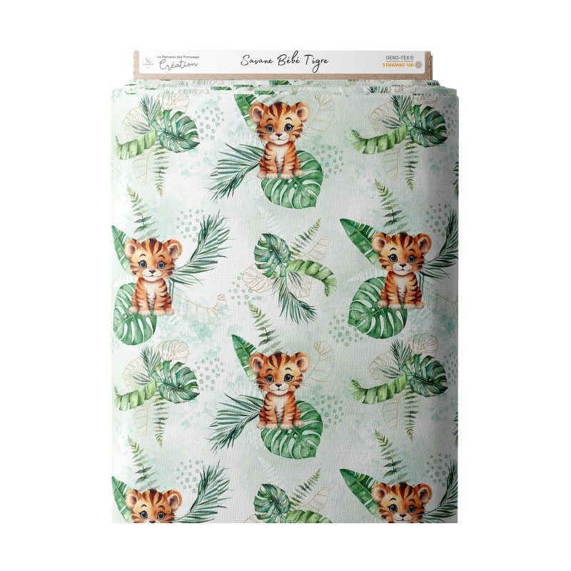 Tissu coton imprimé pour enfants Savane Bébé Tigre- Certifié Oeko-Tex® Mercerie des Princesses