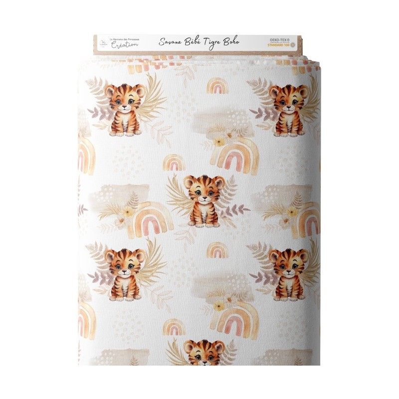 Tissu coton imprimé pour enfants Savane Bébé Tigre Boho - Certifié Oeko-Tex® Mercerie des Princesses
