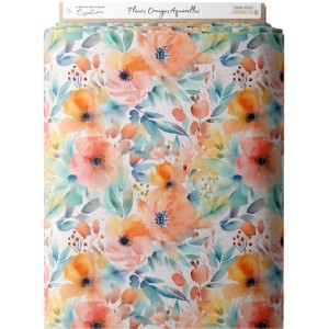 Tissu coton imprimé Fleurs Oranges Aquarelles - Certifié Oeko-Tex® Mercerie des Princesses
