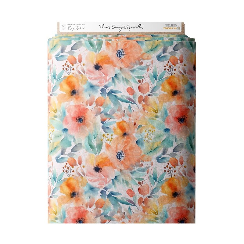 Tissu coton imprimé Fleurs Oranges Aquarelles - Certifié Oeko-Tex® Mercerie des Princesses