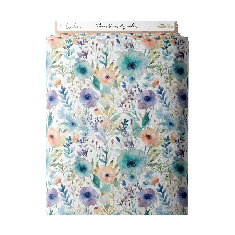 Tissu coton imprimé Fleurs Vertes Aquarelles - Certifié Oeko-Tex® Mercerie des Princesses