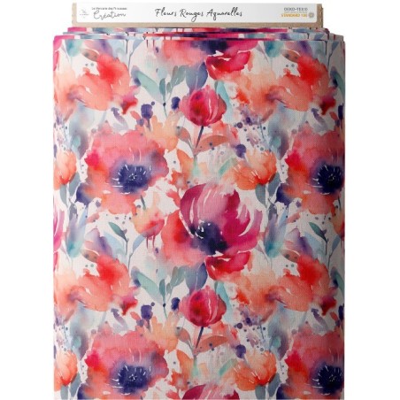 Tissu coton imprimé Fleurs Rouges Aquarelles - Certifié Oeko-Tex® Mercerie des Princesses