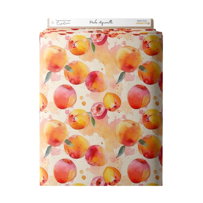 Tissu coton imprimé fruit Pêche Aquarelle- Certifié Oeko-Tex® Mercerie des Princesses