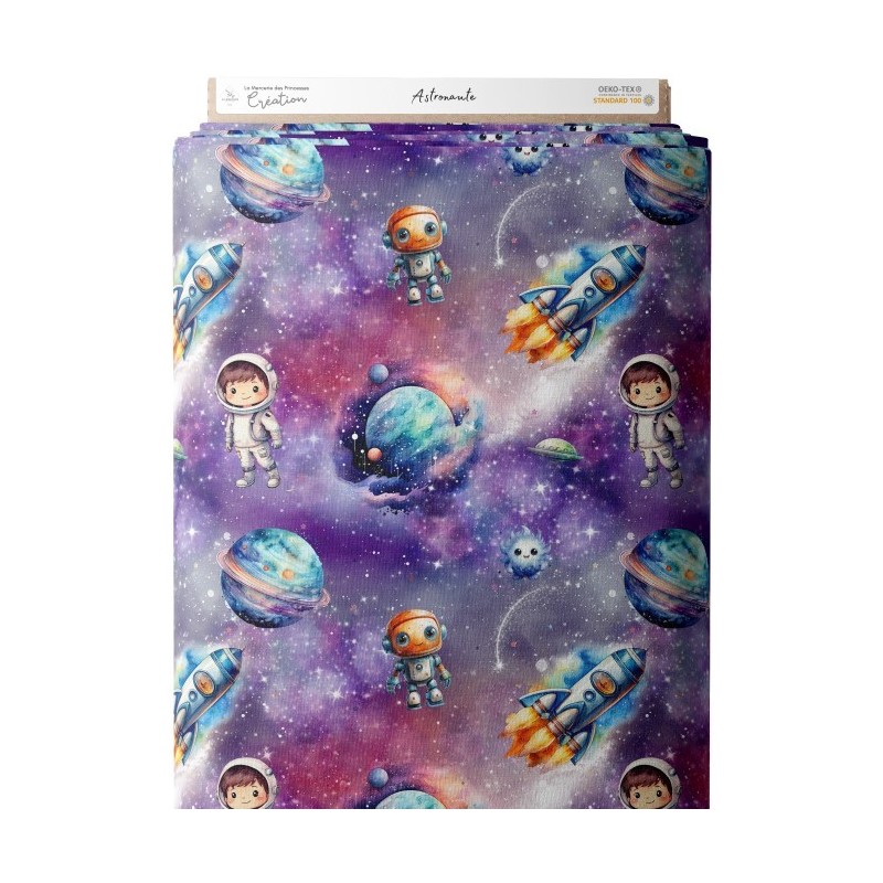 Tissu coton imprimé pour enfants Astronaute- Certifié Oeko-Tex® Mercerie des Princesses