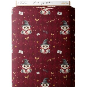 Tissu coton imprimé pour enfants Chouettes Magiques Bordeaux- Certifié Oeko-Tex® Mercerie des Princesses