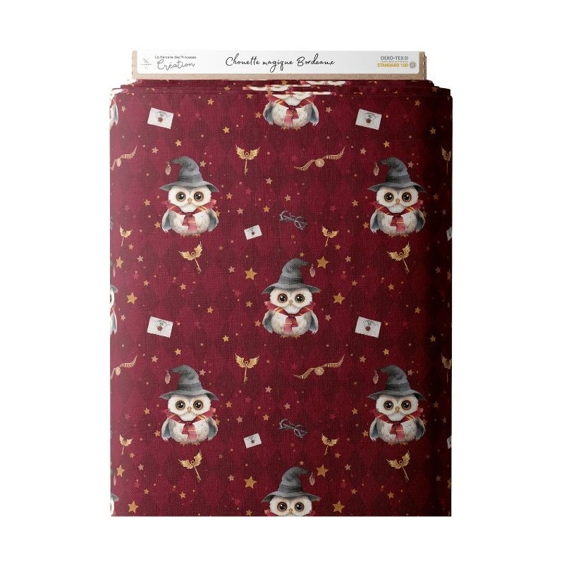 Tissu coton imprimé pour enfants Chouettes Magiques Bordeaux- Certifié Oeko-Tex® Mercerie des Princesses