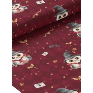  Tissu coton imprimé pour enfants Chouettes Magiques Bordeaux- Certifié Oeko-Tex® Mercerie des Princesses