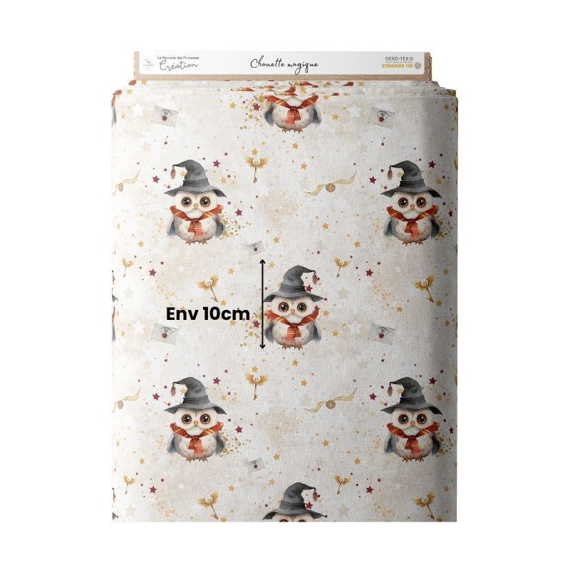 Tissu coton imprimé pour enfants Chouettes Magiques beige - Certifié Oeko-Tex® Mercerie des Princesses