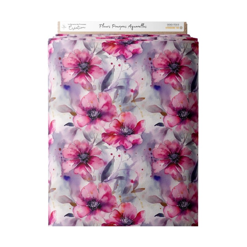 Tissu coton imprimé Fleurs Pourpres Aquarelles - Certifié Oeko-Tex® Mercerie des Princesses