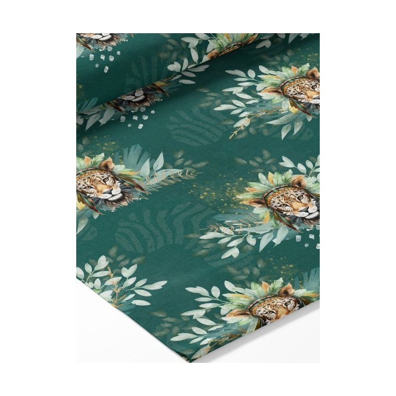 Tissu coton imprimé pour enfants Léopard fond vert Boho - Certifié Oeko-Tex® Mercerie des Princesses