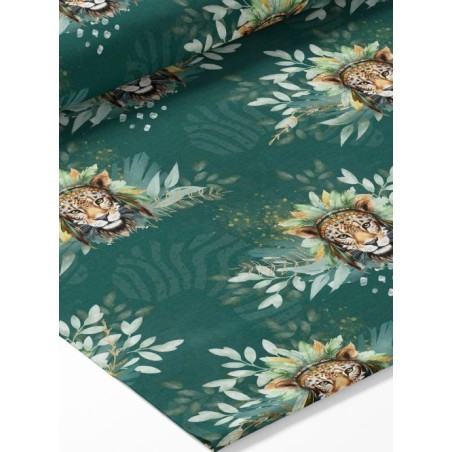 Tissu coton imprimé pour enfants Léopard fond vert Boho - Certifié Oeko-Tex® Mercerie des Princesses