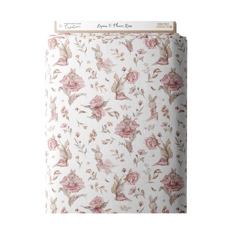 Tissu coton imprimé pour enfants Lapins & Fleurs Rose - Certifié Oeko-Tex® Mercerie des Princesses