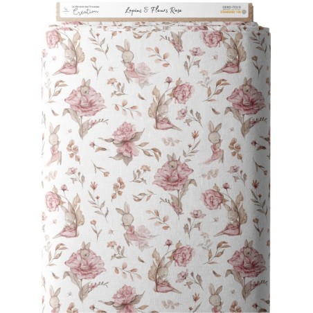 Tissu coton imprimé pour enfants Lapins & Fleurs Rose - Certifié Oeko-Tex® Mercerie des Princesses