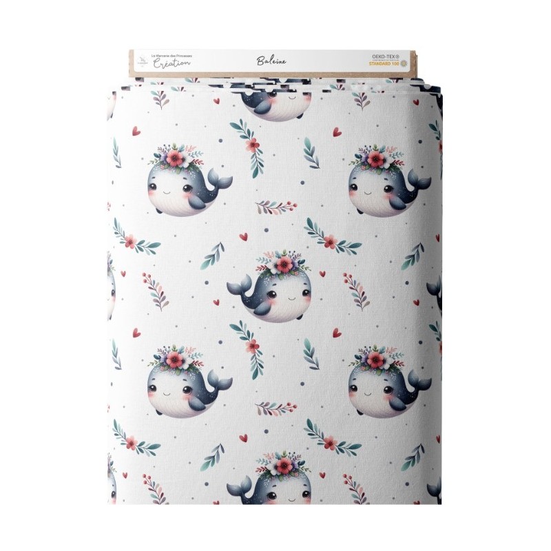 Tissu coton imprimé pour enfants Baleine - Certifié Oeko-Tex® Mercerie des Princesses