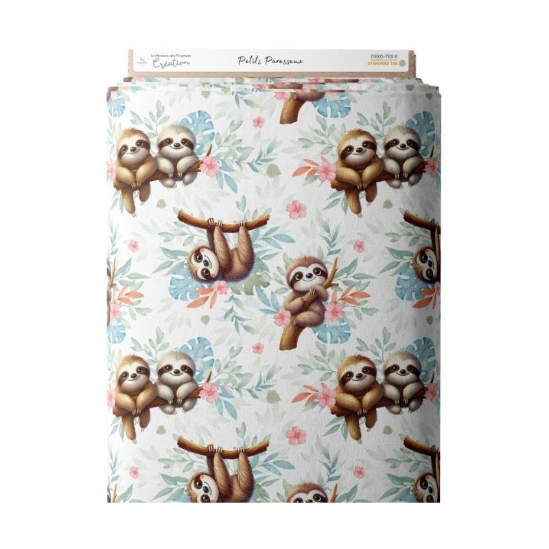 Tissu coton imprimé pour enfants Petits Paresseux - Certifié Oeko-Tex® Mercerie des Princesses
