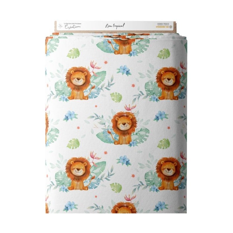 Tissu coton imprimé pour enfants Lion Tropical - Certifié Oeko-Tex® Mercerie des Princesses