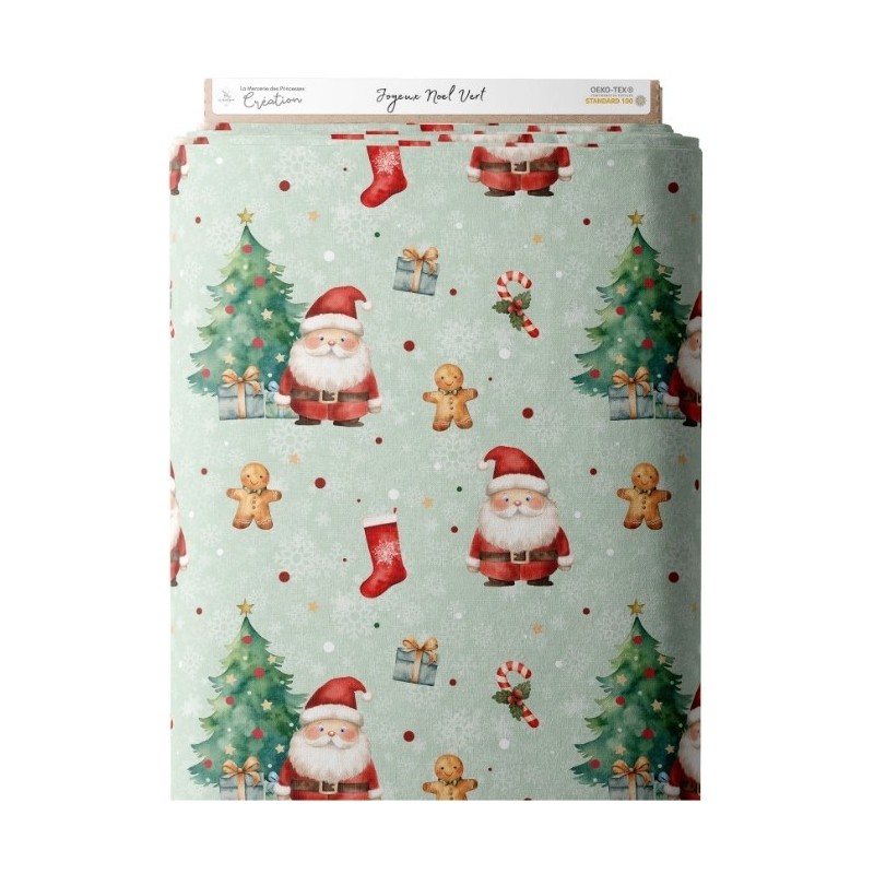 Tissu coton imprimé Joyeux Noël Vert- Certifié Oeko-Tex® Mercerie des Princesses