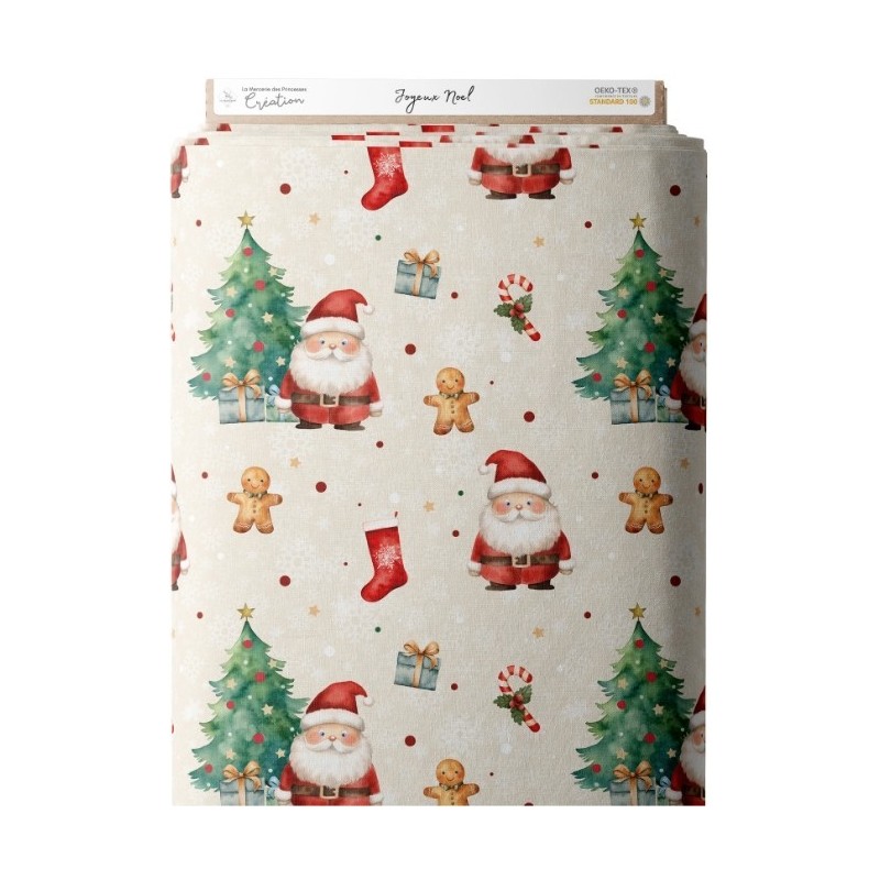 Tissu coton imprimé Joyeux Noël Beige- Certifié Oeko-Tex® Mercerie des Princesses