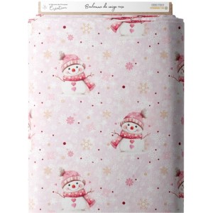 Tissu coton imprimé Bonhomme de Neige rose- Certifié Oeko-Tex® Mercerie des Princesses