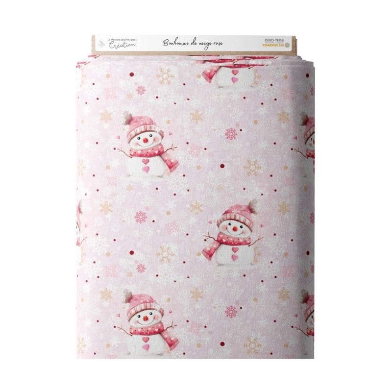 Tissu coton imprimé Bonhomme de Neige rose- Certifié Oeko-Tex® Mercerie des Princesses