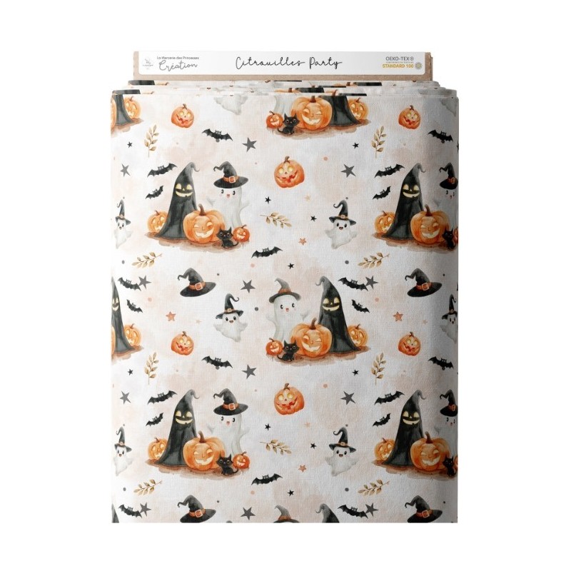 Tissu coton imprimé Citrouilles Party - Certifié Oeko-Tex® Mercerie des Princesses