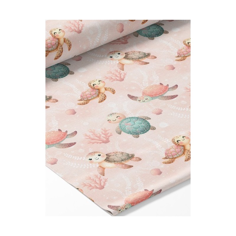 Tissu coton imprimé Tortues Corail - Certifié Oeko-Tex® Mercerie des Princesses