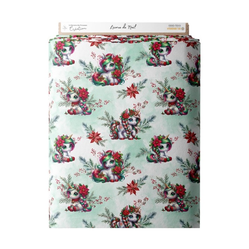 Tissu coton imprimé Licorne de Noël- Certifié Oeko-Tex® Mercerie des Princesses