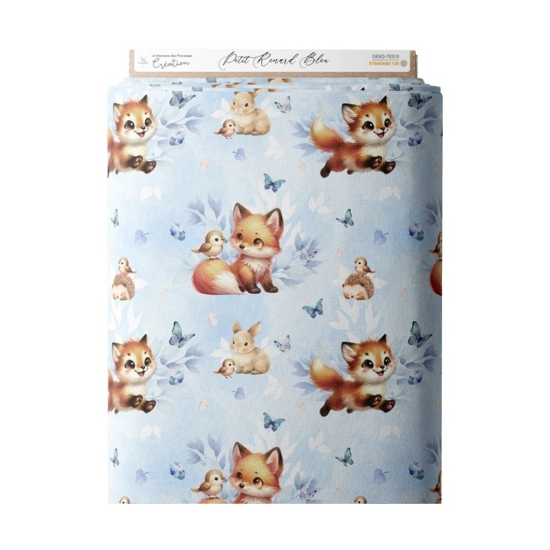 Tissu coton imprimé pour enfants Petit Renard Bleu- Certifié Oeko-Tex® Mercerie des Princesses