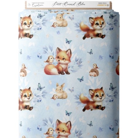 Tissu coton imprimé pour enfants Petit Renard Bleu- Certifié Oeko-Tex® Mercerie des Princesses