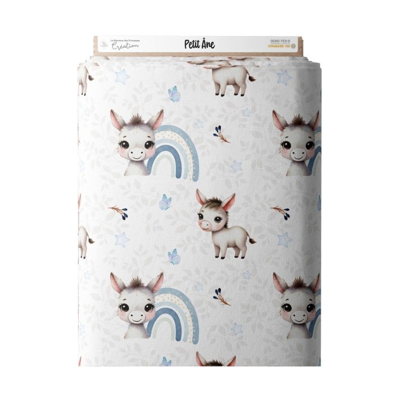 Tissu coton imprimé pour enfants Petit Ane Bleu - Certifié Oeko-Tex® Mercerie des Princesses