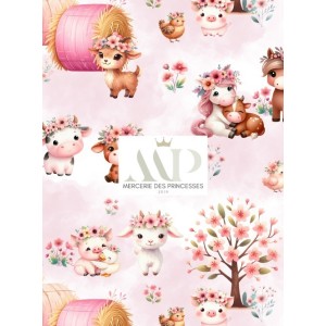  Tissu coton imprimé pour enfants Animaux de la ferme fleuri - Certifié Oeko-Tex® Mercerie des Princesses
