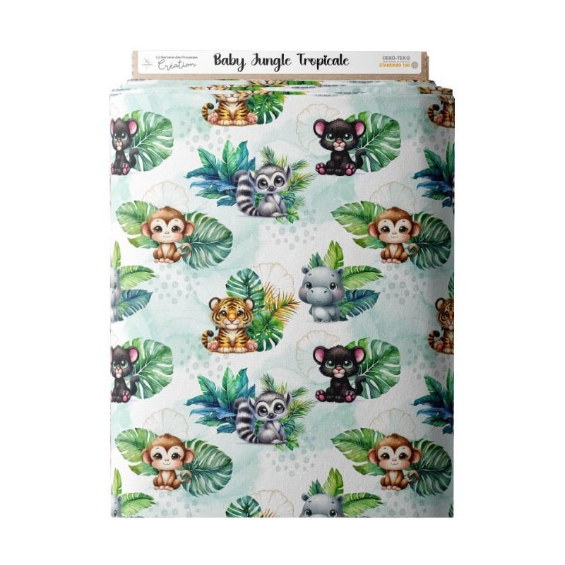Tissu coton imprimé pour enfants Baby Jungle Tropicale - Certifié Oeko-Tex® Mercerie des Princesses