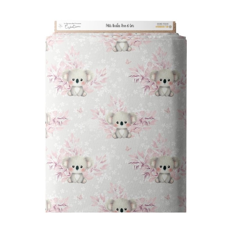 Tissu coton imprimé pour enfants Petits Koalas Roses et Gris- Certifié Oeko-Tex® Mercerie des Princesses