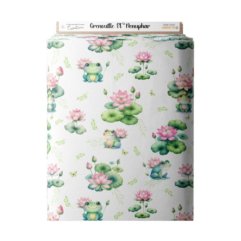 Tissu coton imprimé pour enfants Grenouille & Nénuphar  - Certifié Oeko-Tex® Mercerie des Princesses