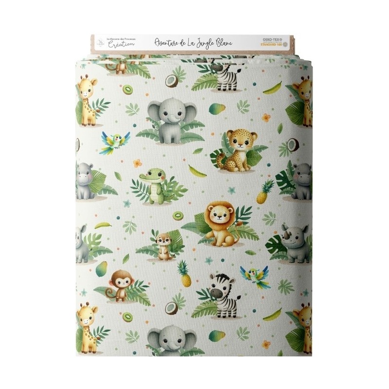 Tissu coton imprimé pour enfants Aventure de la Jungle Blanc- Certifié Oeko-Tex® Mercerie des Princesses