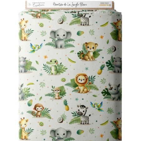 Tissu coton imprimé pour enfants Aventure de la Jungle Blanc- Certifié Oeko-Tex® Mercerie des Princesses
