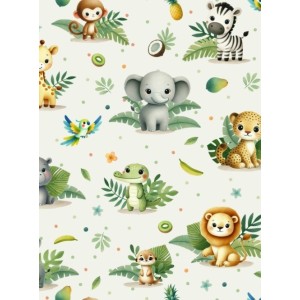  Tissu coton imprimé pour enfants Aventure de la Jungle Blanc- Certifié Oeko-Tex® Mercerie des Princesses