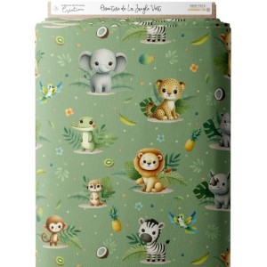 Tissu coton imprimé pour enfants Aventure de la Jungle Vert- Certifié Oeko-Tex® Mercerie des Princesses