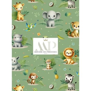  Tissu coton imprimé pour enfants Aventure de la Jungle Vert- Certifié Oeko-Tex® Mercerie des Princesses