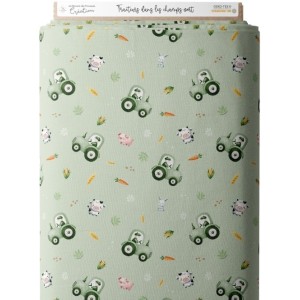 Tissu coton imprimé pour enfants Tracteurs dans les champ Verts  - Certifié Oeko-Tex® Mercerie des Princesses
