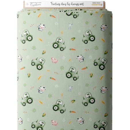 Tissu coton imprimé pour enfants Tracteurs dans les champ Verts  - Certifié Oeko-Tex® Mercerie des Princesses