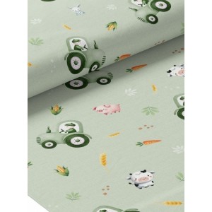  Tissu coton imprimé pour enfants Tracteurs dans les champ Verts  - Certifié Oeko-Tex® Mercerie des Princesses
