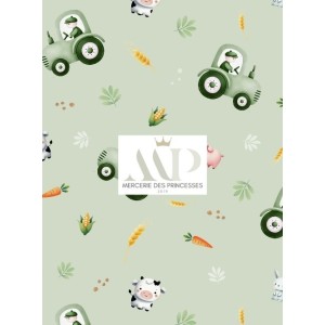  Tissu coton imprimé pour enfants Tracteurs dans les champ Verts  - Certifié Oeko-Tex® Mercerie des Princesses