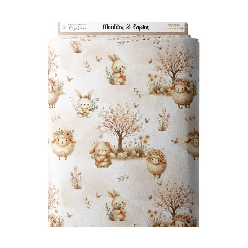 Tissu coton imprimé pour enfants Moutons & Lapins  - Certifié Oeko-Tex® Mercerie des Princesses