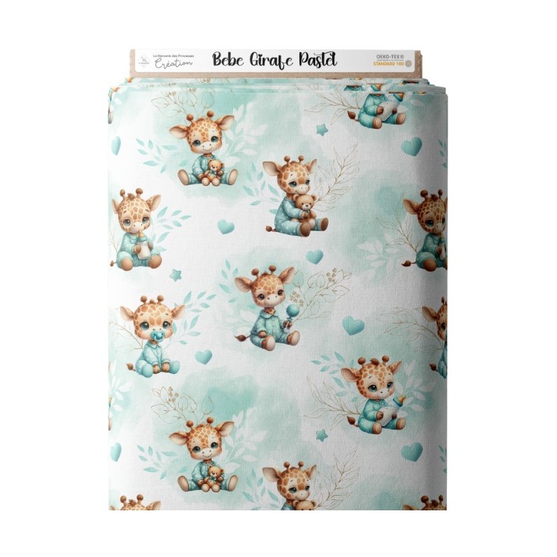 Tissu coton imprimé pour enfants Bébé Girafe Pastel Vert D'Eau - Certifié Oeko-Tex® Mercerie des Princesses