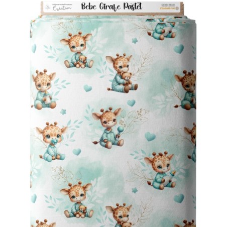 Tissu coton imprimé pour enfants Bébé Girafe Pastel Vert D'Eau - Certifié Oeko-Tex® Mercerie des Princesses