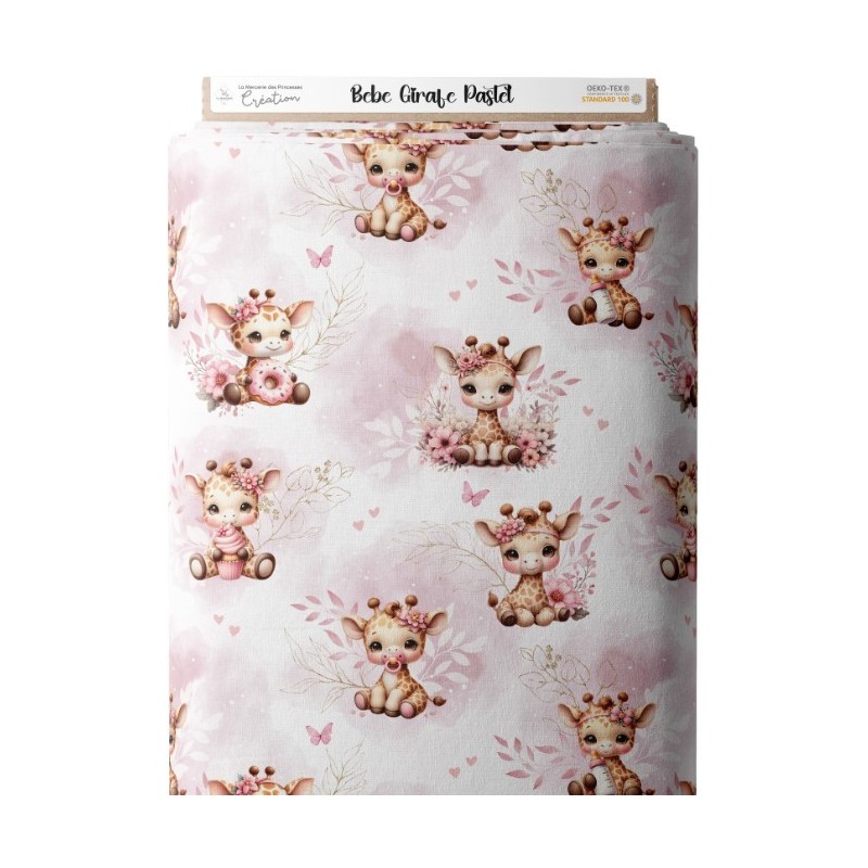 Tissu coton imprimé pour enfants Bébé Girafe Pastel Vieux Rose - Certifié Oeko-Tex® Mercerie des Princesses
