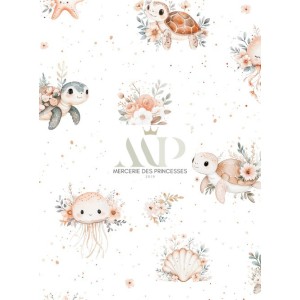  Tissu coton imprimé Tortue & Méduse - Certifié Oeko-Tex® Mercerie des Princesses